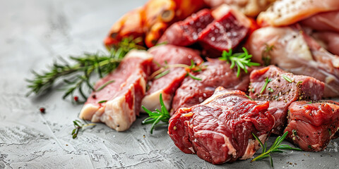 raw meat and chicken on gray background with herbs for best quality food advertising