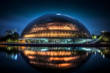 Fototapeta premium A Majestic View of a Modern Circular Glass-Domed Theater Illuminated at Night, Reflecting the City's Vibrant Lights
