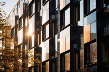 Aesthetic View of a Modern Housing Block Bathed in Dappled Sunlight, Showcasing the Intricate Architecture and Urban Lifestyle
