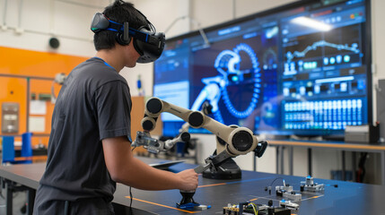 Amidst a tech-driven environment, a male student uses virtual reality to interact with and operate an intricate robotic system in a specialized setup