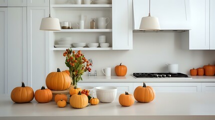 Modern White Kitchen: Fall Decor with Orange Pumpkins and Leaf Accents