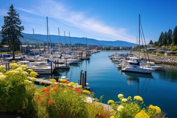 A bustling public marina filled with colorful sailboats and yachts, with a wooden dock extending...