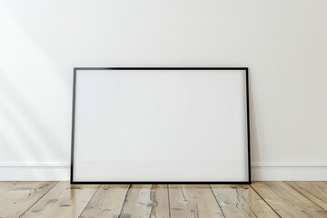 An image capturing a large, black horizontal frame leaning against a white wall on a wooden floor