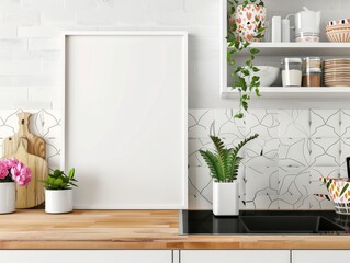 A crisp, high-quality image of a white framed blank canvas on a kitchen counter with decorative plants