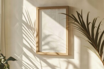 A high-resolution image showing a blank wooden frame against a textured wall with shadows of plants