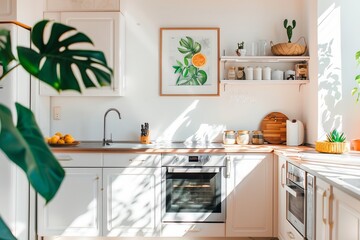 A sun-drenched kitchen interior highlighting a botanical print, offering a fresh and luminous cooking space