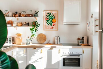 Cozy kitchen with warm sunlight showcases a vibrant fruit illustration and traditional kitchenware