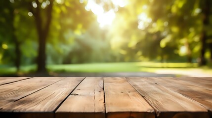 Park Picnic: Wooden Table in Natural Background of Green Foliage