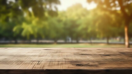 Outdoor Wood Table: Foliage-Framed Setting in Park Background - Powered by Adobe
