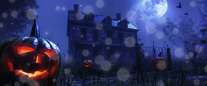 Pumpkin decorations for Halloween. Silhouette dead tree at night for Halloween background. Anamorphic video.