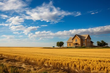Naklejka premium A Rustic Farmhouse Nestled in the Heart of a Golden Wheat Field Under a Clear Blue Sky