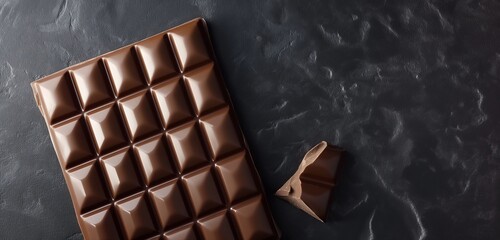 A luxurious, dark chocolate bar with one corner broken off to reveal the rich, velvety texture inside, placed against a stark, matte black plain background.
