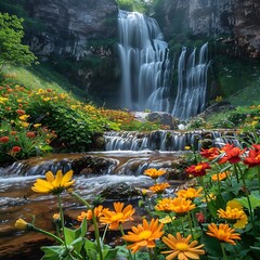A majestic waterfall cascading down a rocky cliff, surrounded by lush greenery and colorful wildflowers. The water shimmers in the sunlight, creating a stunning display of nature's beauty.