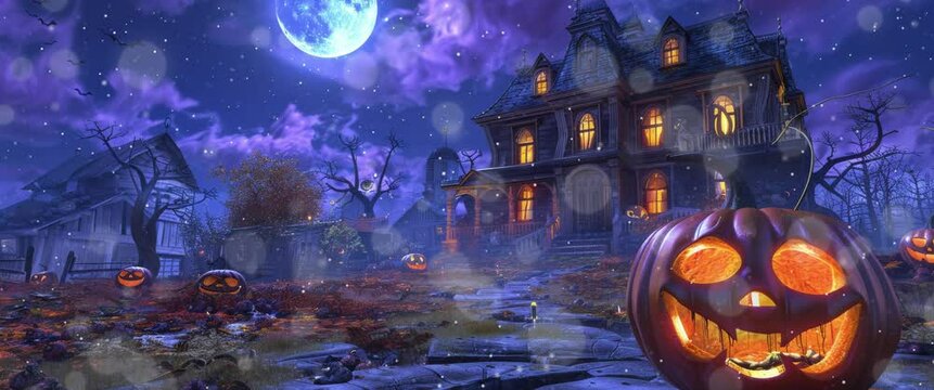 Pumpkin decorations for Halloween. Silhouette dead tree at night for Halloween background. Anamorphic video.