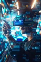 Engineers collaborating on design project with augmented reality glasses in close up view
