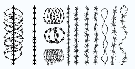 Metal barbed wire borders and sharply barb wire fencing modern symbols set. Prison barbed wire.