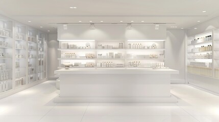 Centred clean flat wall mockup in a bright beauty department store, front facing, shelves either side of the wal