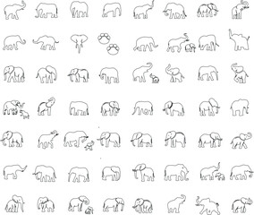 Elephant line art, minimalist Elephant outlines on white, various poses. Perfect for coloring books, educational materials, creative projects