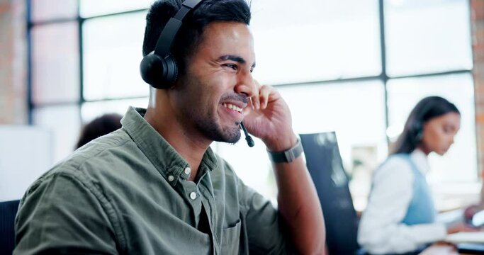 Happy man, consultant and call center with computer for contact us, customer service or telemarketing at office. Male person, employee or young agent with smile for online advice, help or assistance