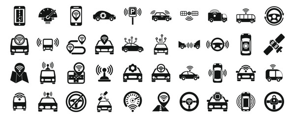 Driverless vehicle icons set simple vector. Future car. Self drive traffic