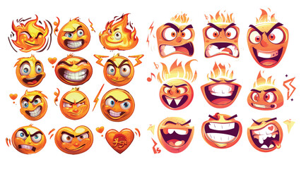 Mascot faces with fire, hearts and stars, happy and sad caricatures with dollar signs and lightning bolts.