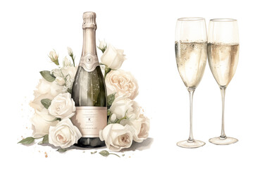 Champagne and roses romantic illustration