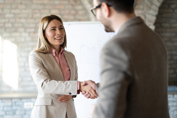 Business woman and businessman handshake and smiling