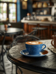 cup of coffee in a blue cup with latte art in a beautiful aesthetic cafe on a black wooden table, morning lighting and cozy vibes , sfumato. depth of field.