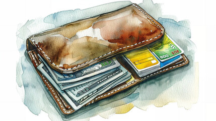 watercolor illustration, men's wallet with money and bank cards