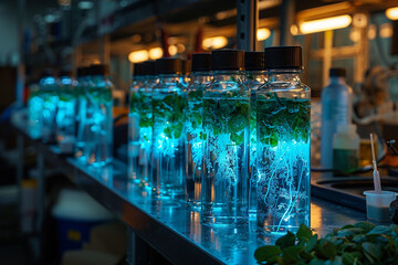 Bioluminescent algae illuminating a dark laboratory as they are engineered for environmental...