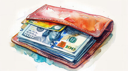 watercolor illustration, men's wallet with money and bank cards