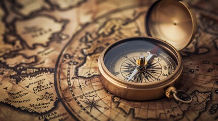 Vintage retro compass on ancient map, navigation concept
