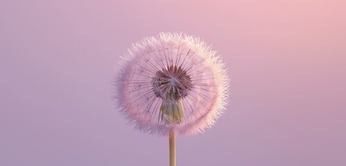 A single, perfect dandelion puff, its seeds ready to take flight, centered against a pastel lavender plain background.