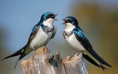 Obraz premium Chatty Swallow Birds on Stump