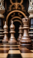 Luxurious, richly decorated chess pieces on the game board.