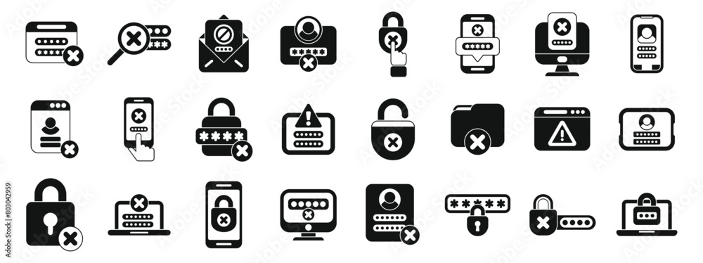 Poster wrong password icons set simple vector. lock key forget. work data shield