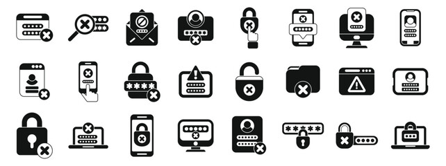 Wrong password icons set simple vector. Lock key forget. Work data shield