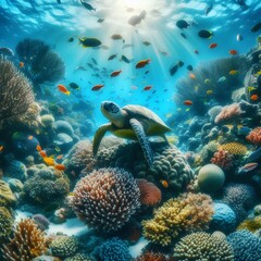 Sea turtle and fishes on colorful coral reef, underwater wildlife landscape. 
