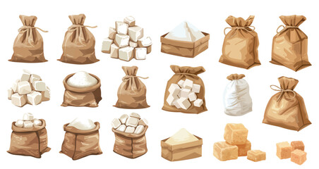 Modern illustration set showing cube sugar, granulated sugar, powder sugar
