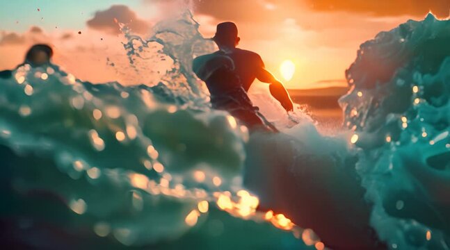 Homme courant dans la mer avec des &eacute;claboussures au coucher du soleil