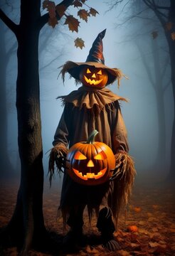 Jack O Lantern. A terrible scarecrow in old clothes and a pumpkin's head, on a foggy park. Concept poster of Halloween.