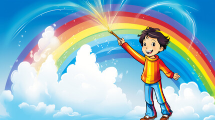 A cartoonish magician child making a rainbow appear from his wand.