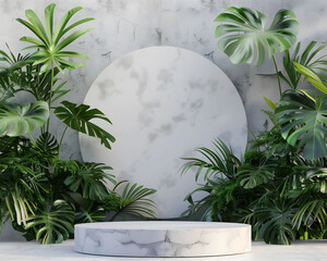 Empty podium with nature tropical leaves