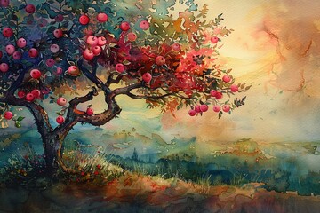 Tranquil apple tree scene in watercolor, a blend of bright pastels creating a relaxing, serene backdrop perfect for heartfelt reflection