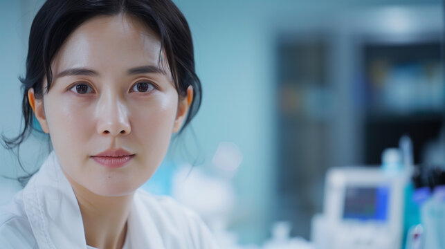 A Korean female internist in her 30s is looking at the camera. She is wearing a white gown. Close-up, portrait, background shows a hospital desk