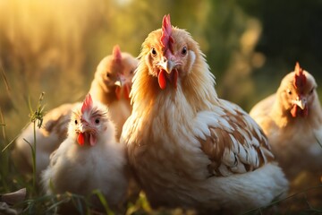 Fototapeta premium Portrait of chickens on a green grass meadow in mountains, bright sunny day, on a ranch in the village, rural surroundings on the background of spring nature