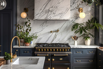 modern classic kitchen with marble backsplash, navy cabinets and brass accents, black stove top oven, white sink, soft lighting, marble countertop, potted plants, modern pendant light fixtures