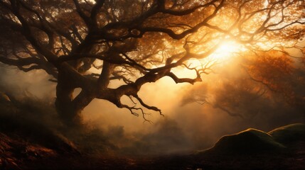 Obraz premium beautiful autumn landscape at sunset, an old big tree in the forest, sunlight shines through with twisting branches, moss and stones, beautiful nature