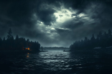 night landscape, dark dramatic stormy sky with lightning and cumulus clouds over forest and river, for abstract background