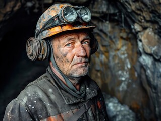 Fototapeta premium Authentic image of a miner working in a dark coal mine environment
